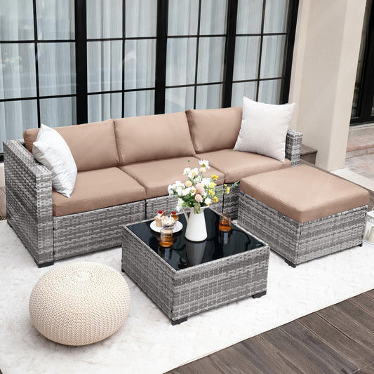 UDPATIO Gartenlounge 4 Pers., 3-Sitzer Sofa + Hocker + Beistelltisch, Khaki