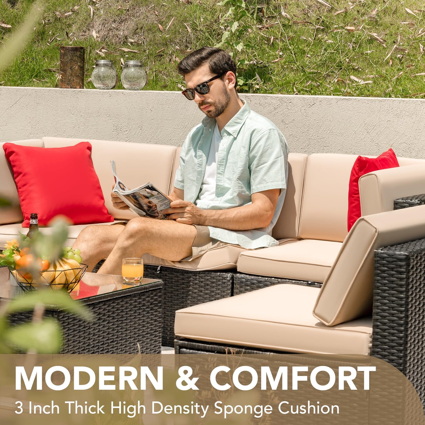 Devoko Outdoor Sofa Set 6-teilig, Rattan Terrasse mit Glastisch & Kissen
