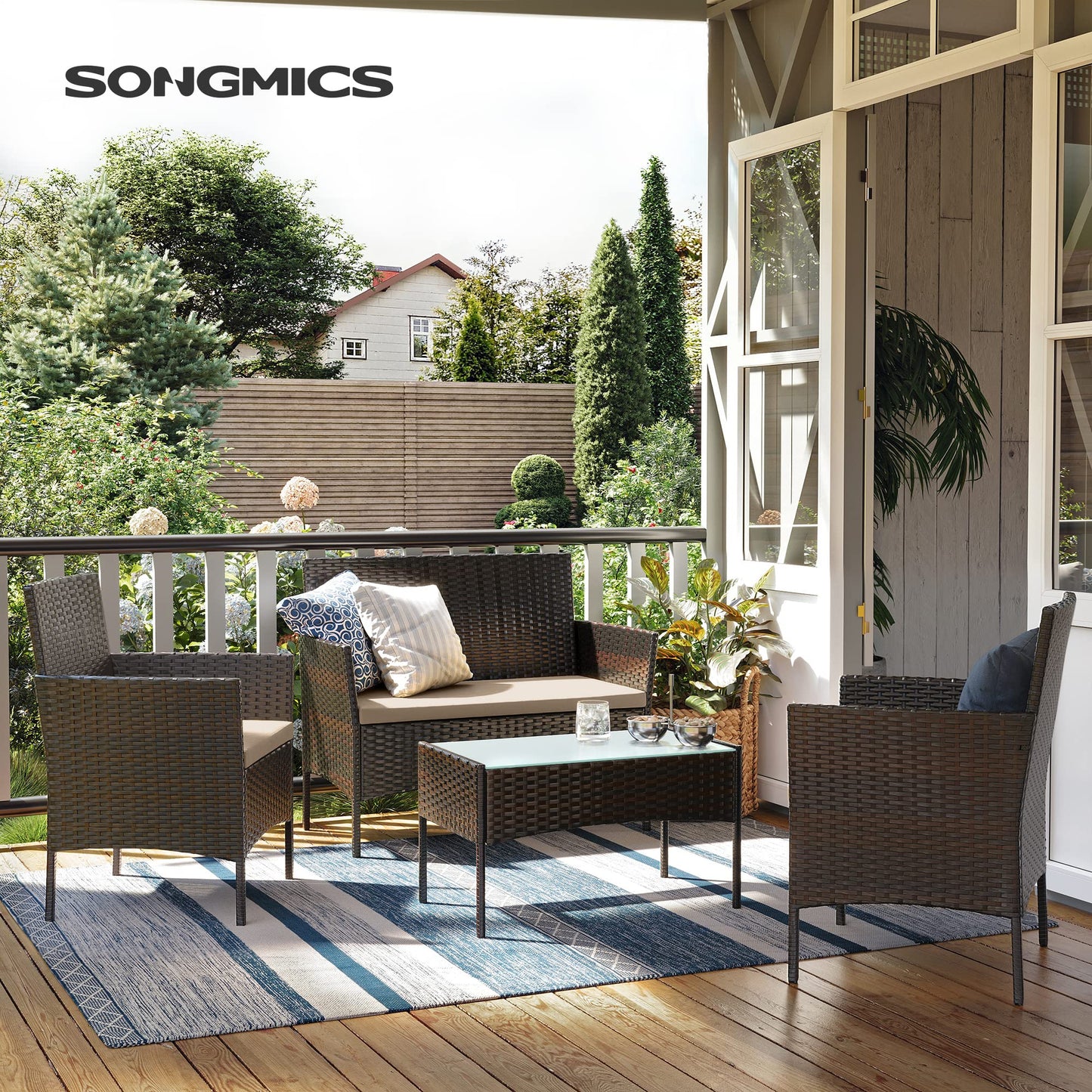 SONGMICS Gartenmöbel Set, Polyrattan Lounge, Terrasse & Balkon, Braun-Taupe