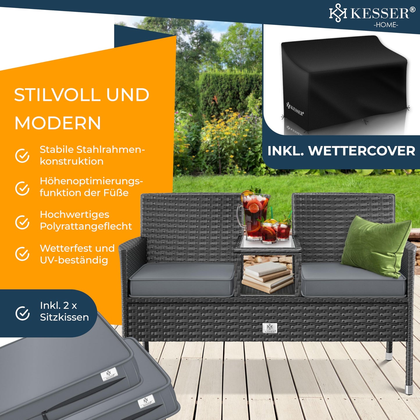 KESSER® Polyrattan Gartensofa 2-Sitzer mit Tisch, wetterfest, Anthrazit