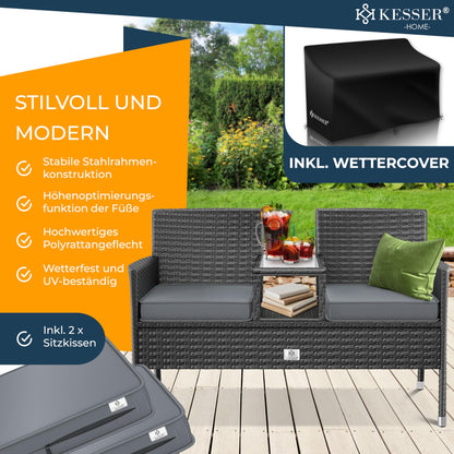 KESSER® Polyrattan Gartensofa 2-Sitzer mit Tisch, wetterfest, Anthrazit